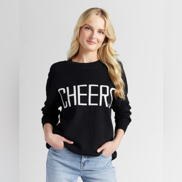 Hem & Thread Sweaters - Hem & Thread Black Oversize Crewneck Sweater with White 'Cheers' Design